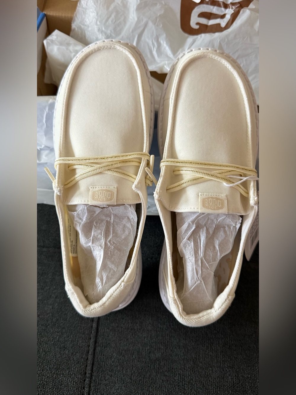 Hey Dude Cream Slip-On Canvas Shoe with Gold Stud Accents